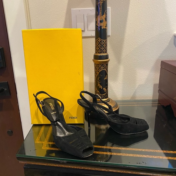 FENDI Black Suede HH Sandals, Pre owned 7 1/2 m - Picture 1 of 7